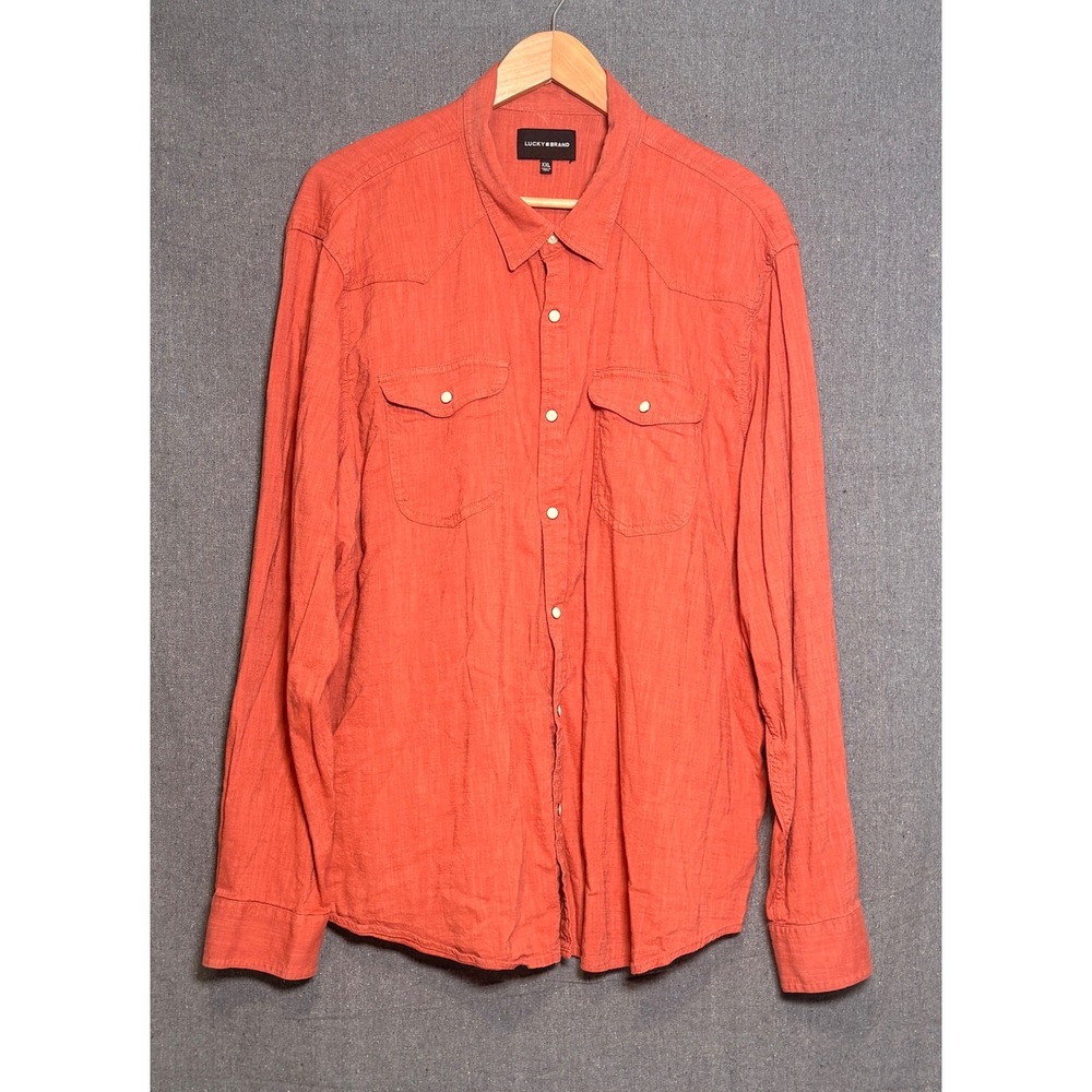 Lucky Brand Mens XXL Coral Orange Western Pearl Snap Long Sleeve Shirt Cotton